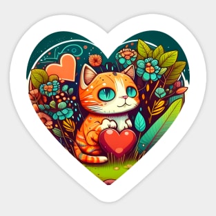 Bright Eyed Orange Cat With Big Heart In The Garden - Funny Cats Sticker